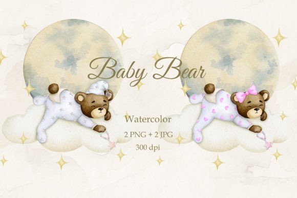 Enchanting Teddy Bear on a Cloud Watercolor PNG JPG