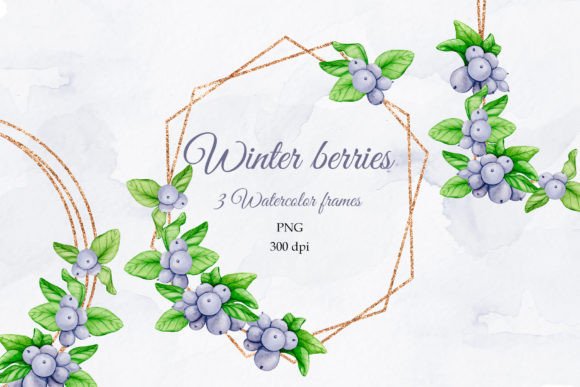 Winter Berries. Golden Frames. PNG: A Touch of Hand-Painted Elegance
